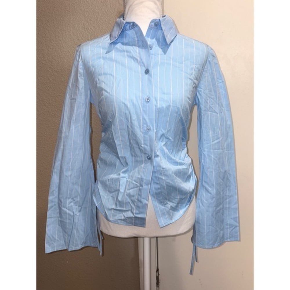 Wild Fable Blue White Striped Ruched Side Button Down Shirt Wide Sleeve XXS NEW